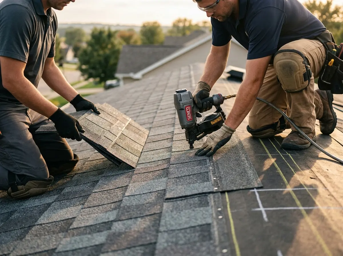 Professional roofer working on a residential roof in Ozark